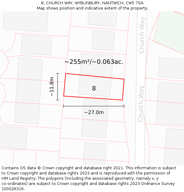 8, CHURCH WAY, WYBUNBURY, NANTWICH, CW5 7SA: Plot and title map