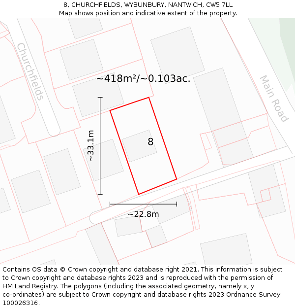 8, CHURCHFIELDS, WYBUNBURY, NANTWICH, CW5 7LL: Plot and title map