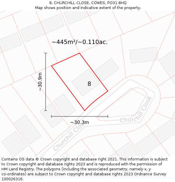 8, CHURCHILL CLOSE, COWES, PO31 8HQ: Plot and title map