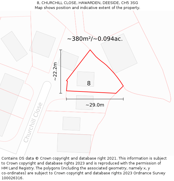 8, CHURCHILL CLOSE, HAWARDEN, DEESIDE, CH5 3SG: Plot and title map