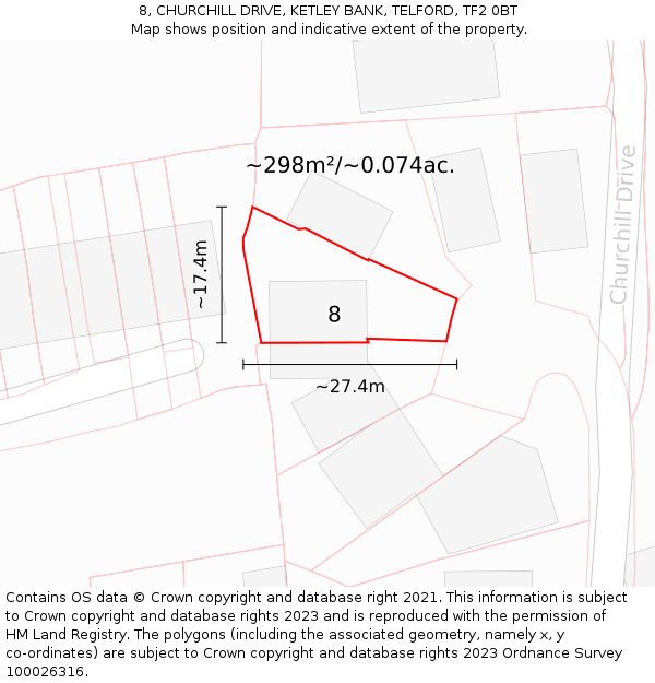 8, CHURCHILL DRIVE, KETLEY BANK, TELFORD, TF2 0BT: Plot and title map