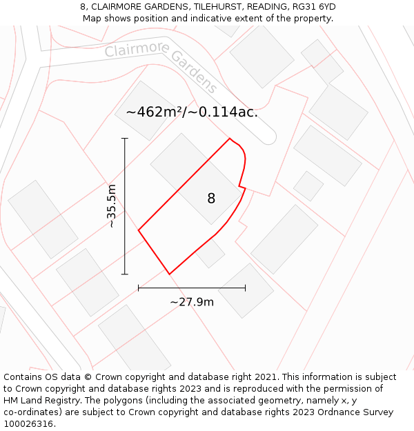 8, CLAIRMORE GARDENS, TILEHURST, READING, RG31 6YD: Plot and title map
