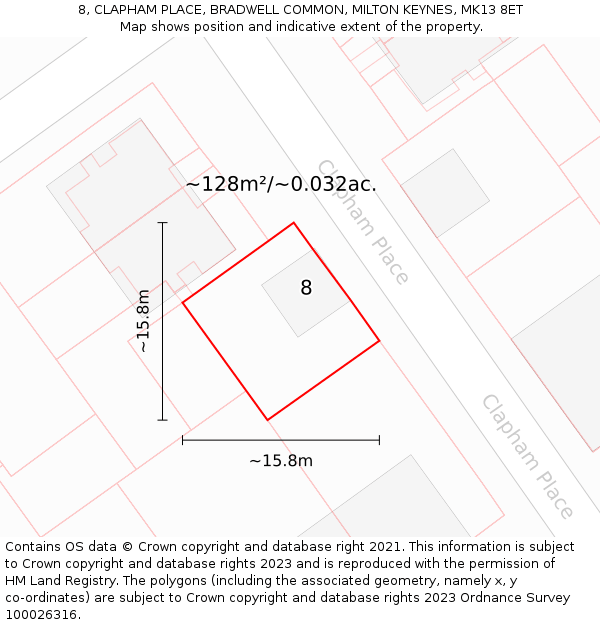 8, CLAPHAM PLACE, BRADWELL COMMON, MILTON KEYNES, MK13 8ET: Plot and title map