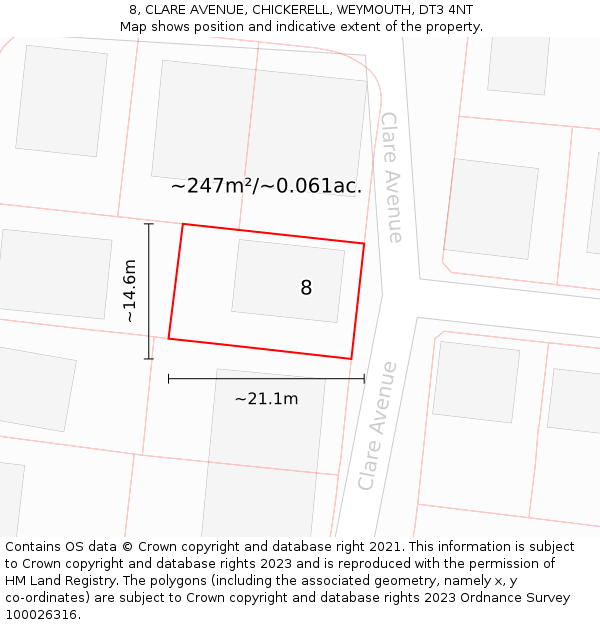 8, CLARE AVENUE, CHICKERELL, WEYMOUTH, DT3 4NT: Plot and title map