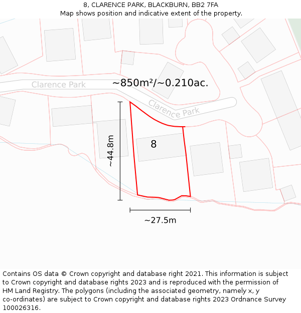 8, CLARENCE PARK, BLACKBURN, BB2 7FA: Plot and title map