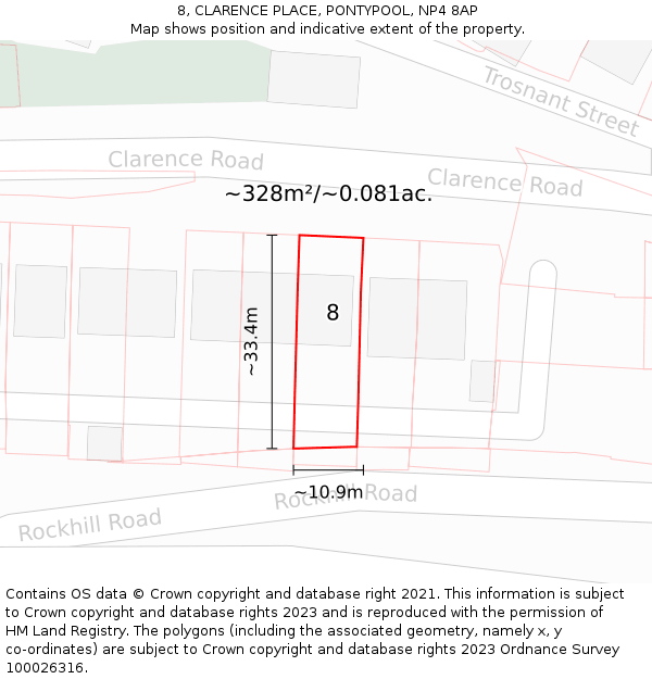 8, CLARENCE PLACE, PONTYPOOL, NP4 8AP: Plot and title map