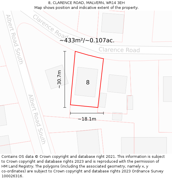 8, CLARENCE ROAD, MALVERN, WR14 3EH: Plot and title map