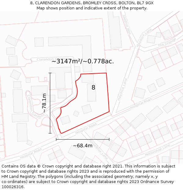 8, CLARENDON GARDENS, BROMLEY CROSS, BOLTON, BL7 9GX: Plot and title map