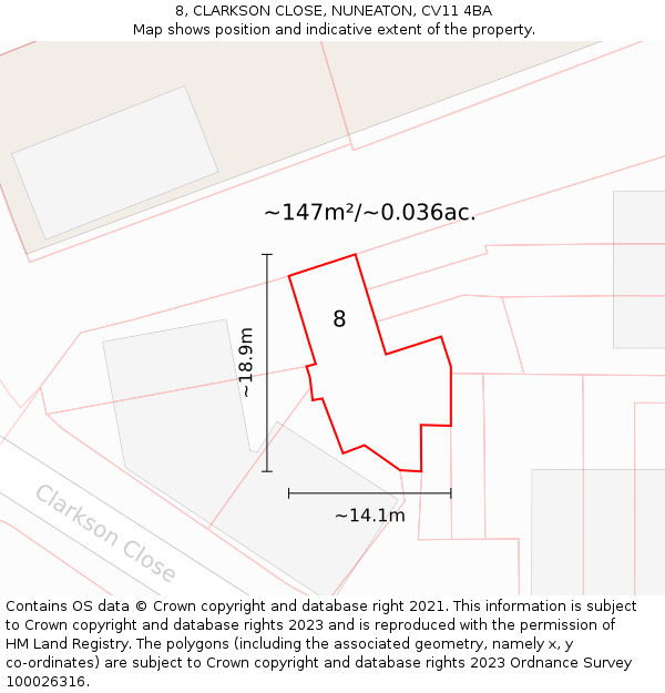 8, CLARKSON CLOSE, NUNEATON, CV11 4BA: Plot and title map