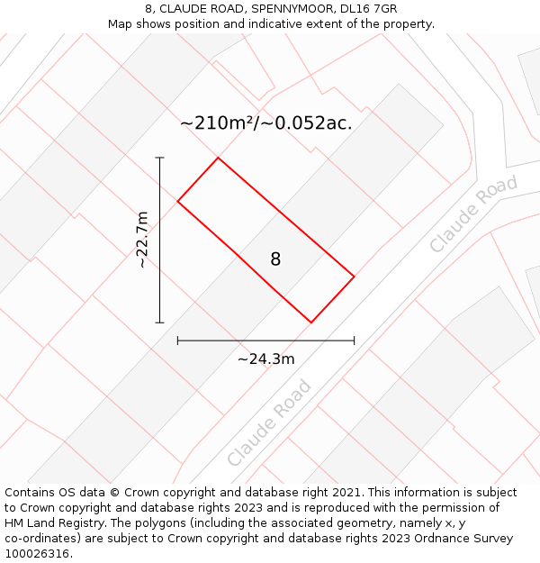 8, CLAUDE ROAD, SPENNYMOOR, DL16 7GR: Plot and title map