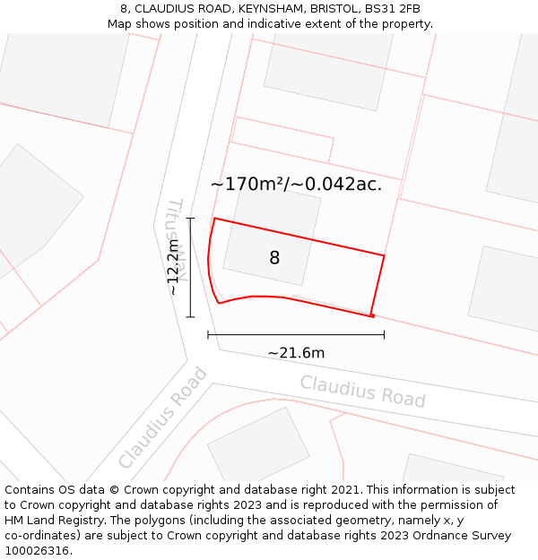 8, CLAUDIUS ROAD, KEYNSHAM, BRISTOL, BS31 2FB: Plot and title map