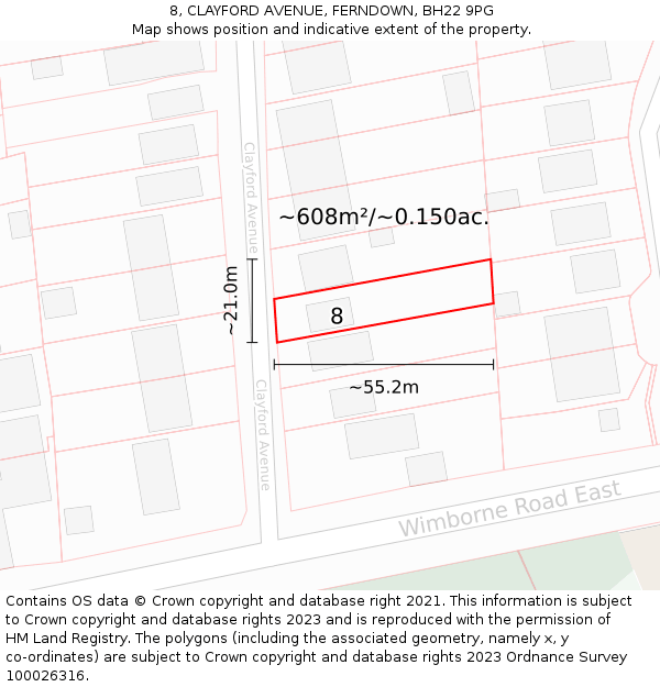 8, CLAYFORD AVENUE, FERNDOWN, BH22 9PG: Plot and title map