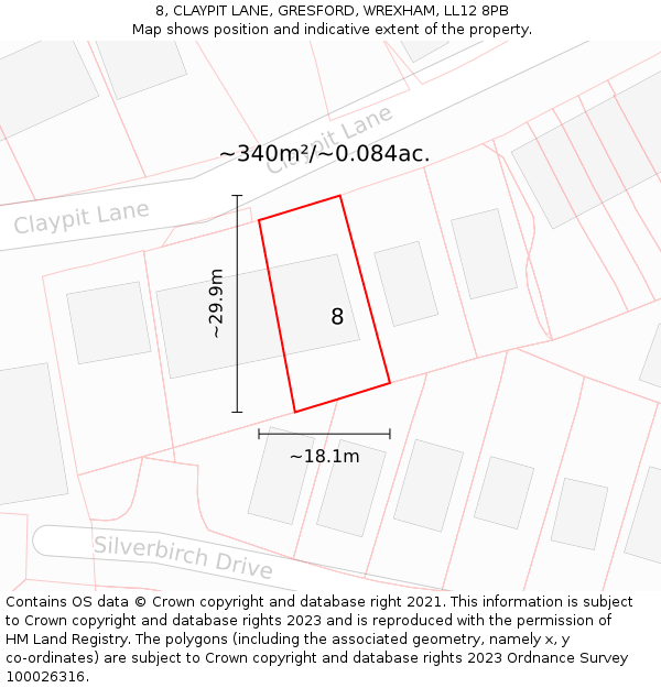 8, CLAYPIT LANE, GRESFORD, WREXHAM, LL12 8PB: Plot and title map