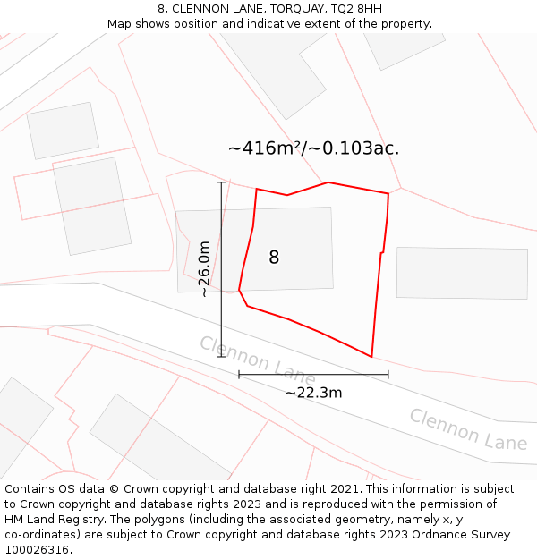 8, CLENNON LANE, TORQUAY, TQ2 8HH: Plot and title map