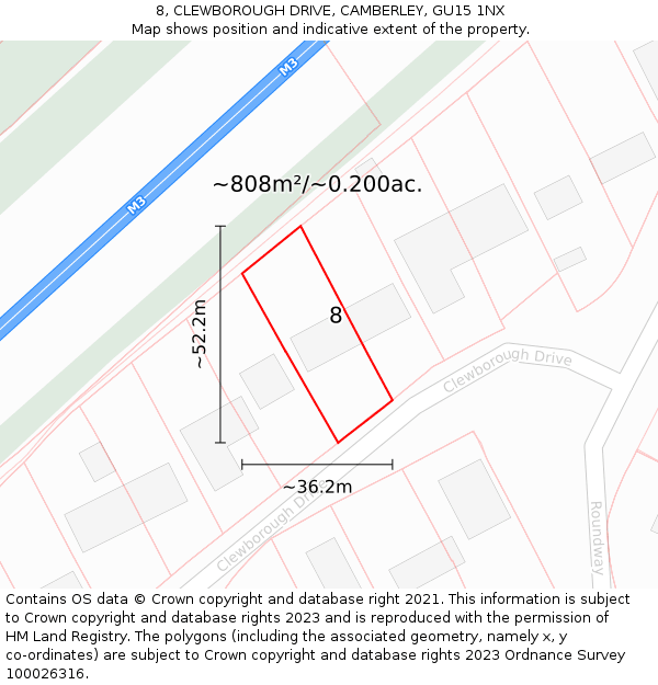 8, CLEWBOROUGH DRIVE, CAMBERLEY, GU15 1NX: Plot and title map