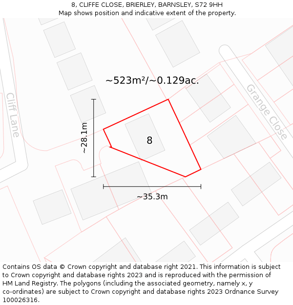 8, CLIFFE CLOSE, BRIERLEY, BARNSLEY, S72 9HH: Plot and title map