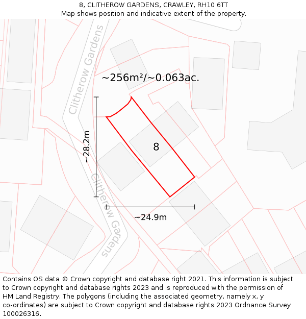 8, CLITHEROW GARDENS, CRAWLEY, RH10 6TT: Plot and title map