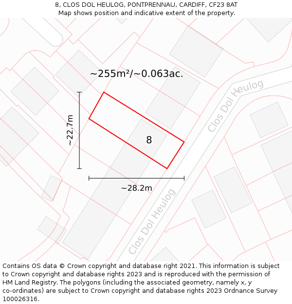 8, CLOS DOL HEULOG, PONTPRENNAU, CARDIFF, CF23 8AT: Plot and title map