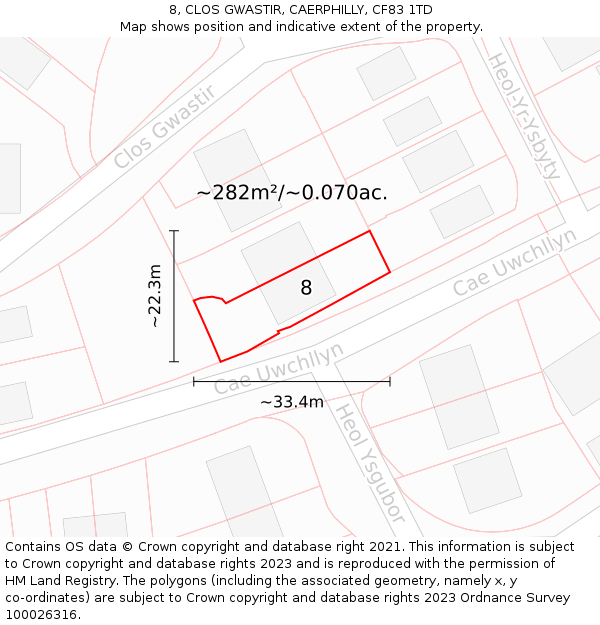 8, CLOS GWASTIR, CAERPHILLY, CF83 1TD: Plot and title map