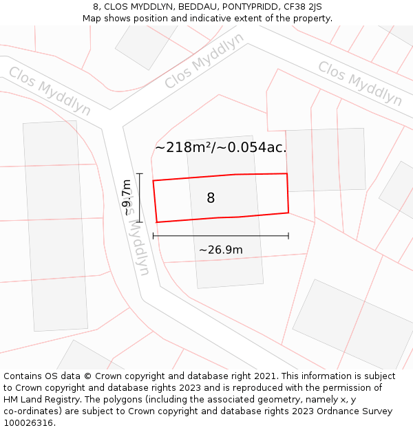 8, CLOS MYDDLYN, BEDDAU, PONTYPRIDD, CF38 2JS: Plot and title map