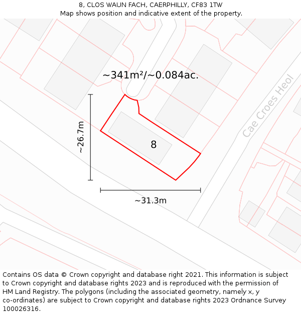 8, CLOS WAUN FACH, CAERPHILLY, CF83 1TW: Plot and title map