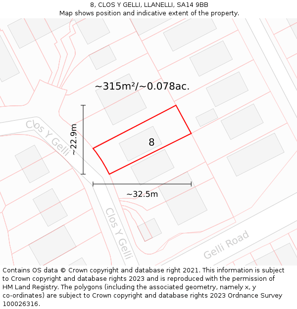 8, CLOS Y GELLI, LLANELLI, SA14 9BB: Plot and title map