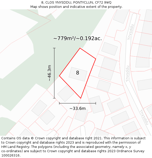 8, CLOS YNYSDDU, PONTYCLUN, CF72 9WQ: Plot and title map