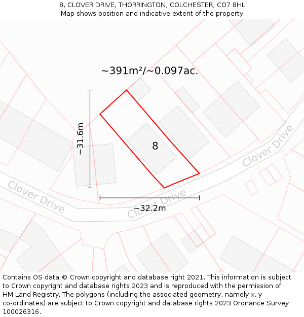 8, CLOVER DRIVE, THORRINGTON, COLCHESTER, CO7 8HL: Plot and title map