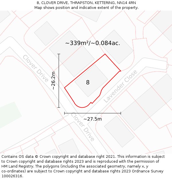 8, CLOVER DRIVE, THRAPSTON, KETTERING, NN14 4RN: Plot and title map