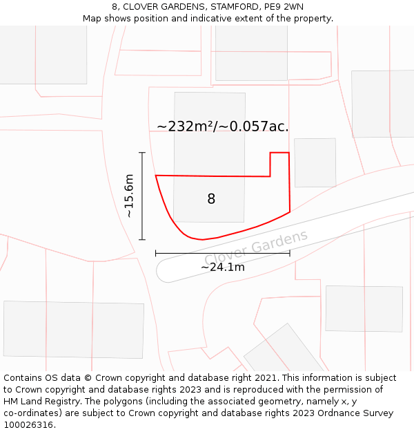 8, CLOVER GARDENS, STAMFORD, PE9 2WN: Plot and title map