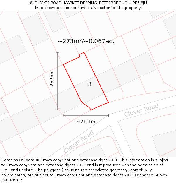 8, CLOVER ROAD, MARKET DEEPING, PETERBOROUGH, PE6 8JU: Plot and title map