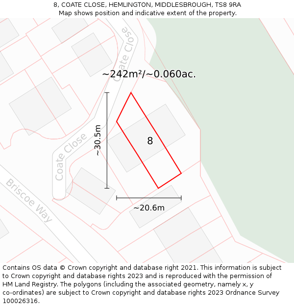 8, COATE CLOSE, HEMLINGTON, MIDDLESBROUGH, TS8 9RA: Plot and title map