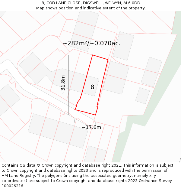 8, COB LANE CLOSE, DIGSWELL, WELWYN, AL6 0DD: Plot and title map