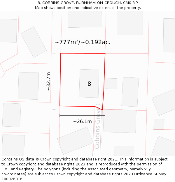 8, COBBINS GROVE, BURNHAM-ON-CROUCH, CM0 8JP: Plot and title map