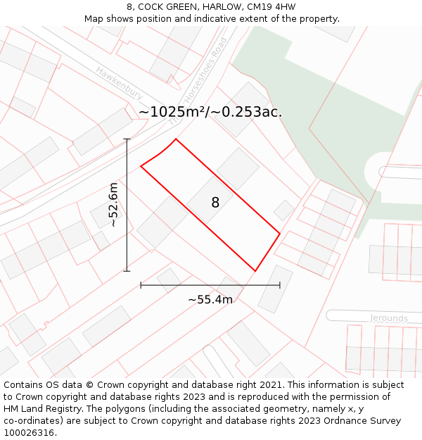 8, COCK GREEN, HARLOW, CM19 4HW: Plot and title map