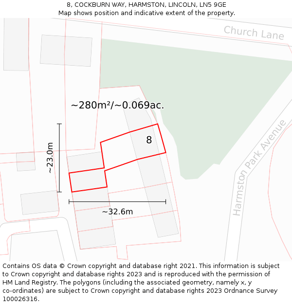 8, COCKBURN WAY, HARMSTON, LINCOLN, LN5 9GE: Plot and title map