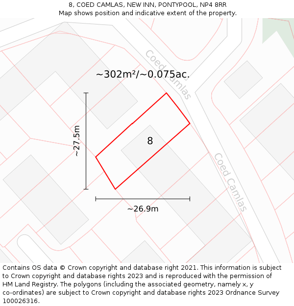 8, COED CAMLAS, NEW INN, PONTYPOOL, NP4 8RR: Plot and title map