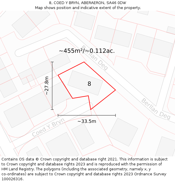 8, COED Y BRYN, ABERAERON, SA46 0DW: Plot and title map