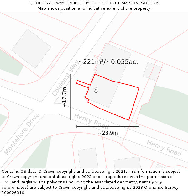 8, COLDEAST WAY, SARISBURY GREEN, SOUTHAMPTON, SO31 7AT: Plot and title map