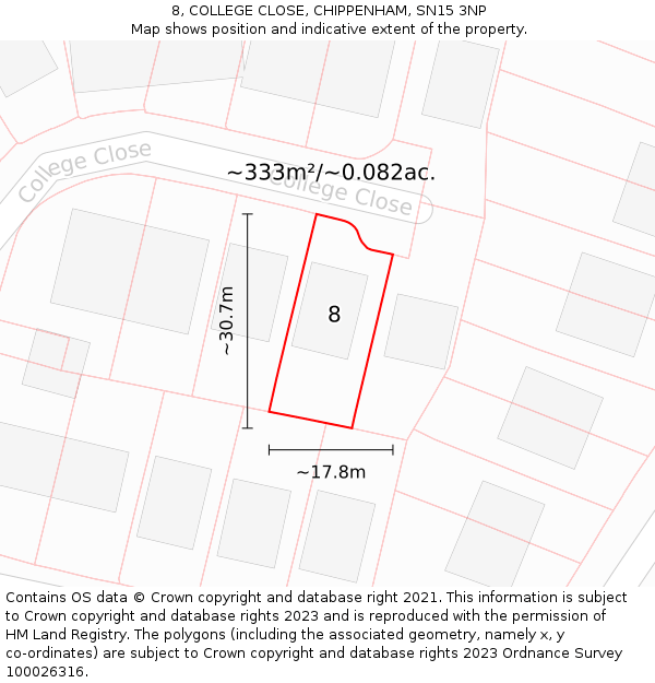 8, COLLEGE CLOSE, CHIPPENHAM, SN15 3NP: Plot and title map