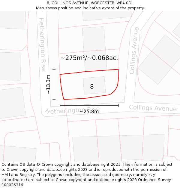 8, COLLINGS AVENUE, WORCESTER, WR4 0DL: Plot and title map