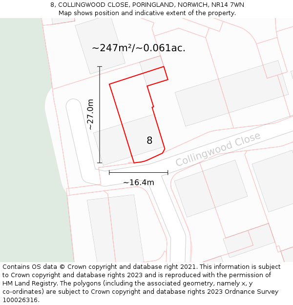 8, COLLINGWOOD CLOSE, PORINGLAND, NORWICH, NR14 7WN: Plot and title map