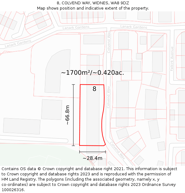 8, COLVEND WAY, WIDNES, WA8 9DZ: Plot and title map