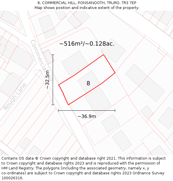 8, COMMERCIAL HILL, PONSANOOTH, TRURO, TR3 7EP: Plot and title map