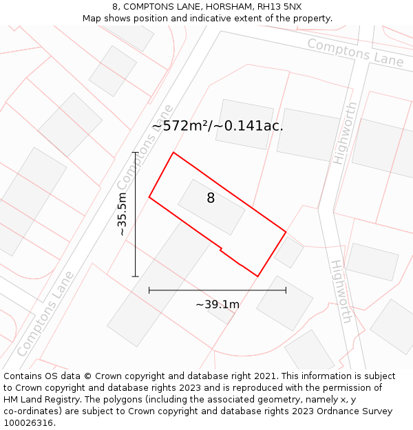 8, COMPTONS LANE, HORSHAM, RH13 5NX: Plot and title map