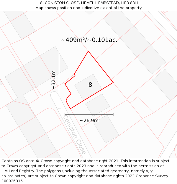 8, CONISTON CLOSE, HEMEL HEMPSTEAD, HP3 8RH: Plot and title map