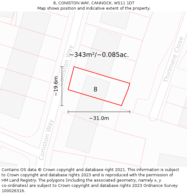 8, CONISTON WAY, CANNOCK, WS11 1DT: Plot and title map