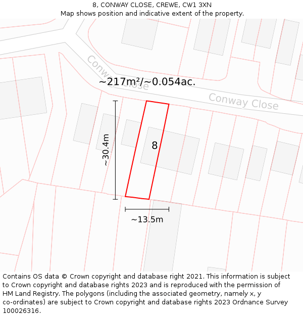 8, CONWAY CLOSE, CREWE, CW1 3XN: Plot and title map