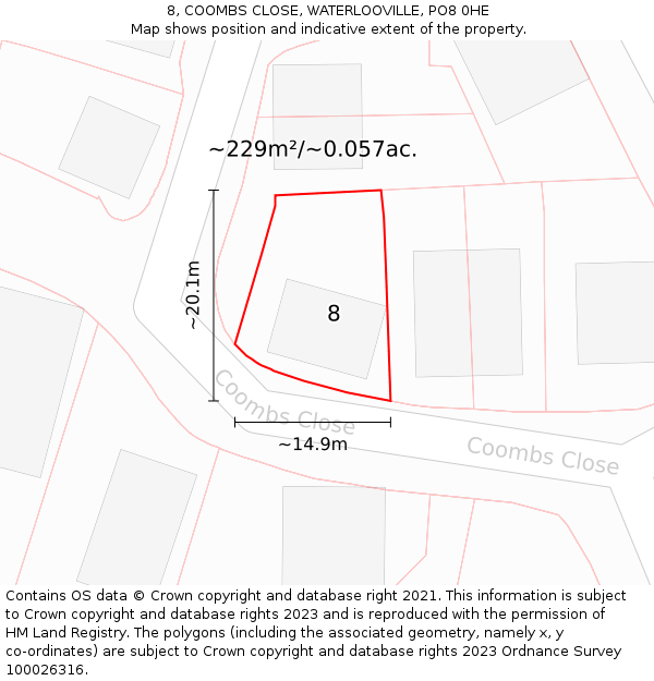 8, COOMBS CLOSE, WATERLOOVILLE, PO8 0HE: Plot and title map