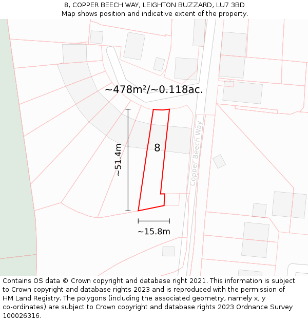 8, COPPER BEECH WAY, LEIGHTON BUZZARD, LU7 3BD: Plot and title map